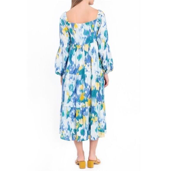 DONNA MORGAN Linen Floral Midi Dress 10 Puff Sleeve Square Neck Bohemian Prairie - Picture 2 of 11